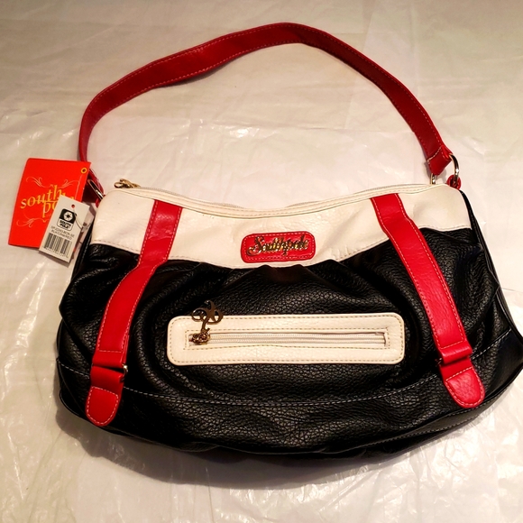 SOUTH POLE Shoulder Handbag New Vegan Pebbled Leather NWT White Black Red 🎉HP🎉 - Picture 2 of 15